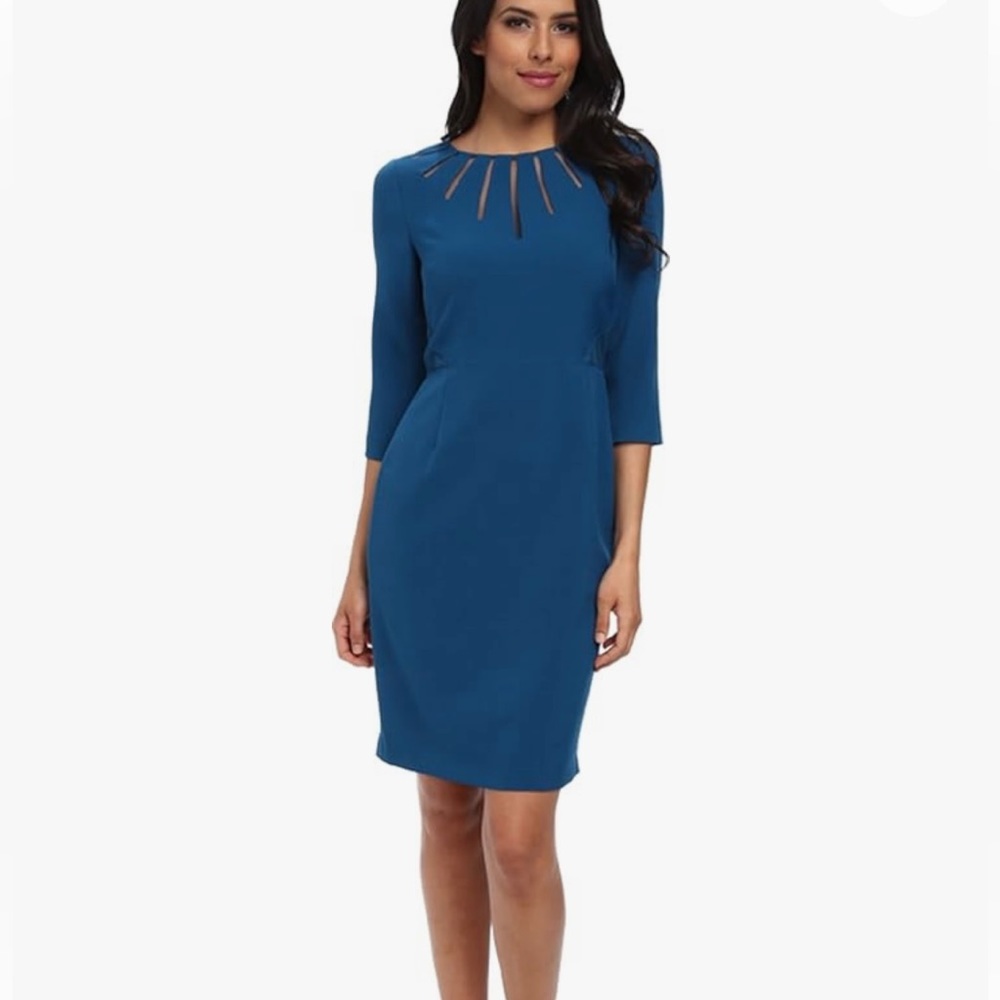 Adrianna Papell Blue Radiated Netting Mesh Inset Sheath Dress, Size 14